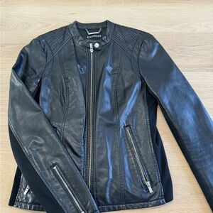 Express Black faux leather Motorcycle Jacket with Mandarin Collar